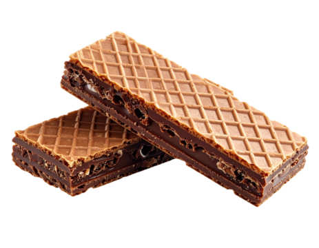 Two layered chocolate wafers, diagonally positioned against a stark black background