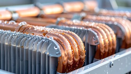 Copper coils with water droplets, condensation, refrigeration, and cooling system details in closeup macro industrial manufacturing environment.