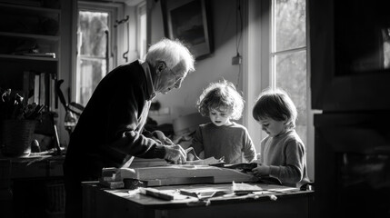 Obraz premium Generational Learning: Grandfather and Grandchildren Crafting Together