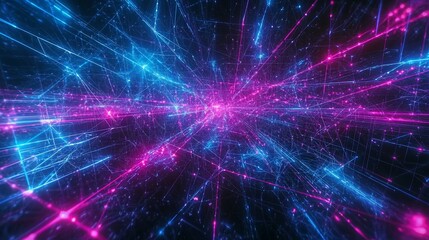 Fototapeta premium Abstract digital art featuring vibrant pink and blue glowing lines converging towards a central point in a dark background, creating a dynamic and futuristic effect