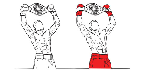 Minimal line art illustration of a boxer holding a championship belt overhead, featuring black outline style on the left and red-colored shorts and gloves on the right. Perfect for sports design