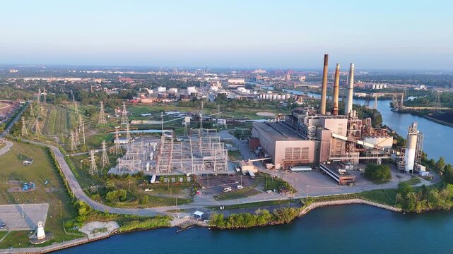 Wide Aerial View of DTE River Rouge Power Plant and Transmission Infrastructure