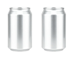 Two tall, blank metallic soda cans, side-by-side, isolated on black background