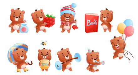 A set of cute bears performing various actions. New Year, autumn, birthday, book, dentistry, sports. Cartoon children's vector illustration for the design of postcard, card, print, textile, sticker