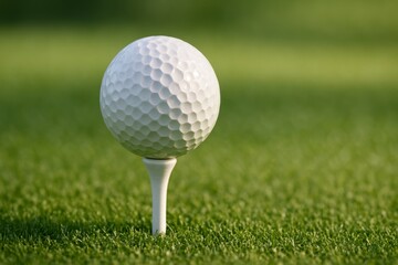 Obraz premium Close-up of white golf ball on tee, set on fresh green grass, ready for golf shot in outdoor sports environment, copy space.