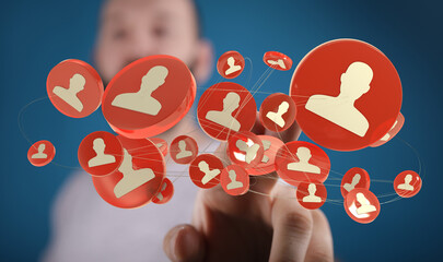 3D render showing person touching network icons on blue background illustrating connection and communication between individuals.