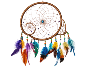 Intricate dreamcatcher design with hanging feathers of vibrant colors
