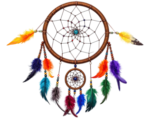 A detailed, colorful dreamcatcher with vibrant feathers and intricate web design