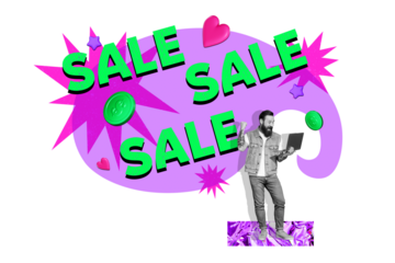 Composite trend artwork 3D sketch image photo collage of sale banner money like heart black friday customer young guy laptop online order