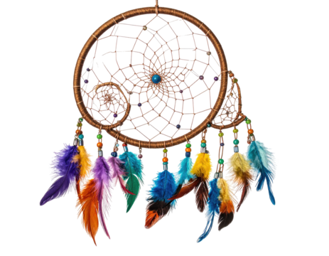 Intricate dreamcatcher design with hanging feathers of vibrant colors