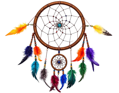 A detailed, colorful dreamcatcher with vibrant feathers and intricate web design