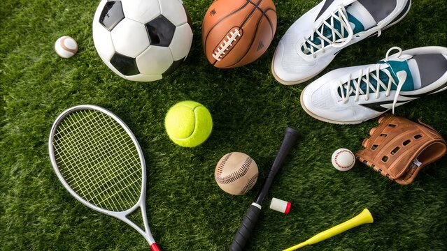 Overhead Shot of Sports Equipment on Green Grass – Soccer, Tennis, Basketball, Rugby, Baseball, Volleyball, and More - Powered by Adobe