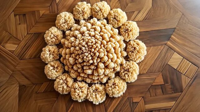 Ornamental pom-poms on a parquet floor