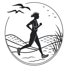 Silhouette woman running by water with birds and reeds