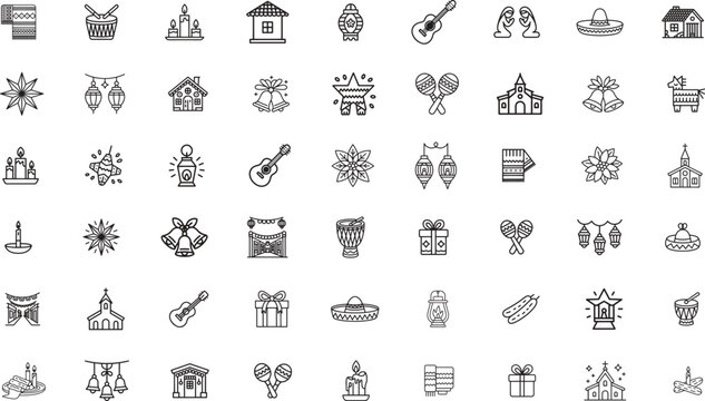 Posadas line icons set. christmas, lantern, tradition. editable stroke. vector illustration