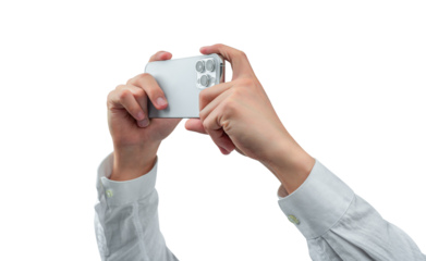 Hands using a modern smartphone and taking photo or video isolated on transparent.