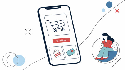 Smartphone shopping cart with buy now button and woman