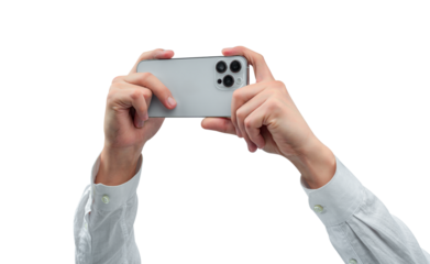 Hands using a modern smartphone and taking photo or video isolated on transparent.