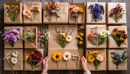 Floral Gift Boxes and Envelope with Assorted Flowers on Rustic Wooden Surface