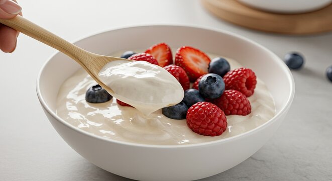 Enjoy the vibrant flavors of a creamy yogurt bowl with fresh strawberries, blueberries, and raspberries for a healthy breakfast or snack today