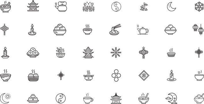 Dongzhi festival line icons set. winter solstice, family reunion, tangyuan. editable stroke. vector illustration