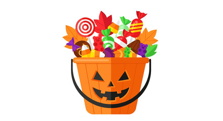 An orange Halloween trick-or-treat bucket with a jack-o'-lantern face, overflowing with colorful candy and autumn leaves.