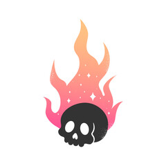 Celestial emblem with human skull on fire silhouette. Burning skull decorated with stars. Vector illustration