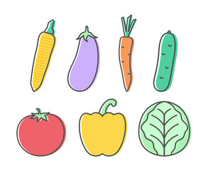 Vegetable line icons isolated on white background. Tomato, eggplant, corn, carrot, cucumber, paprika and cabbage icon symbols. Vector illustration