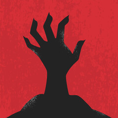 Silhouette of a zombie hand emerges from a grave. Living dead rises from the grave. Vector illustration