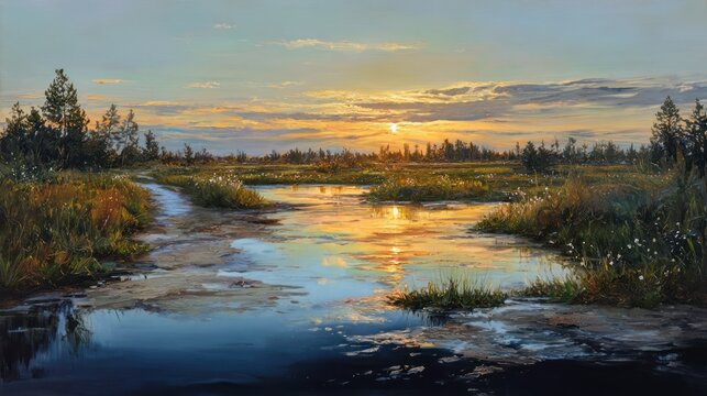 Sunrise over marsh landscape painting