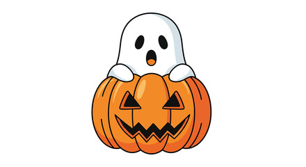 A cute cartoon ghost peeking out from a carved orange pumpkin, perfect for Halloween.