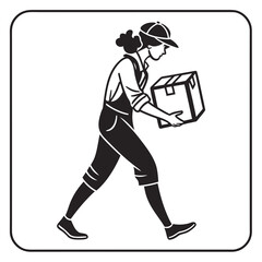 Woman in overalls and cap carrying a box delivery package