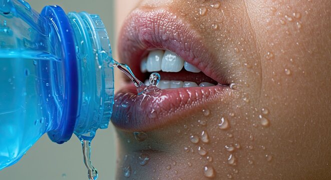 Thirsty woman quenching thirst with refreshing water from blue bottle in hot weather, conveying hydration, wellness, and healthy lifestyle choices