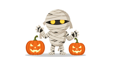 A cute cartoon mummy character with glowing yellow eyes stands between two carved jack-o'-lanterns on a white background.