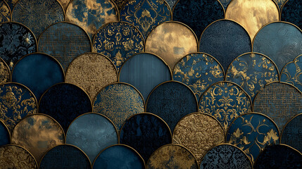 Abstract Middle Eastern patterns in gold and navy blue, luxurious design, rich textures	
