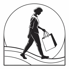 Woman silhouette carrying shopping bag walking in abstract landscape
