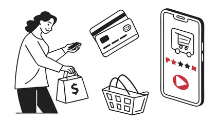 Woman shopping online with phone credit card and basket