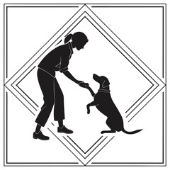 Woman training dog giving paw inside geometric frame