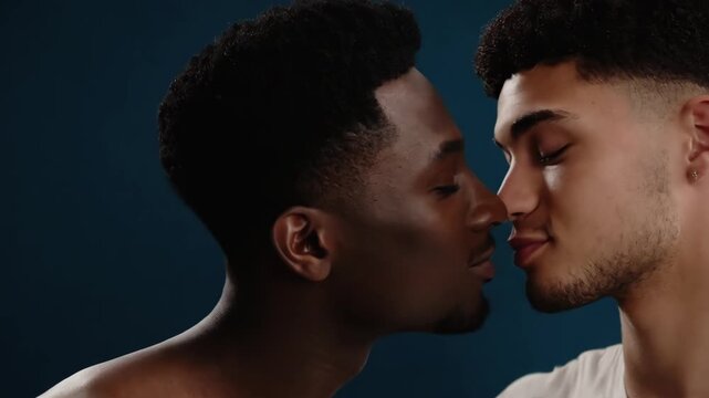 Artistic portrait of two black and white gays sharing intimate kiss. LGBT interracial love. Bodies close, capturing raw emotional connection, passion. Acceptance, and diversity, romance, equality