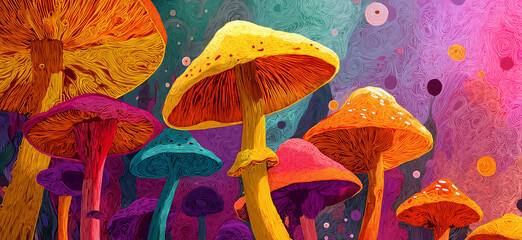 Colorful psychedelic mushrooms in a vibrant abstract fantasy forest background