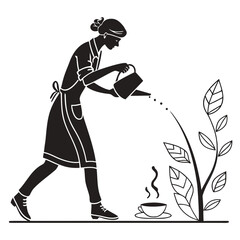 Woman watering plant near steaming coffee cup silhouette