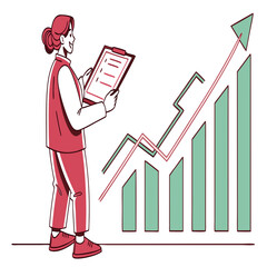 Woman with clipboard looking at rising bar graph and line charts