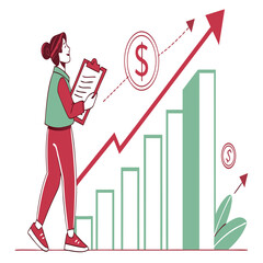 Woman with clipboard near rising bar graph and dollar sign