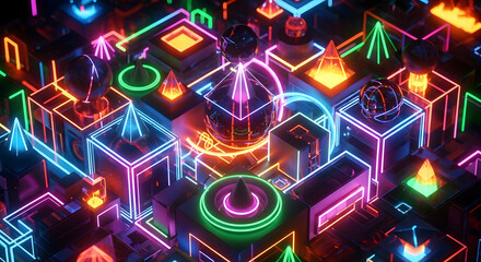 Vibrant neon-lit abstract cityscape with glowing geometric elements, depicting a futuristic digital network or circuit board architecture