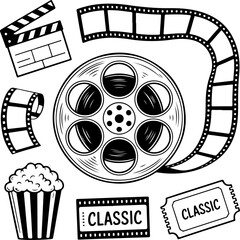 A monochrome vector collection of classic cinema and movie making symbols