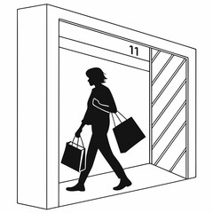 Woman with shopping bags exiting elevator vector