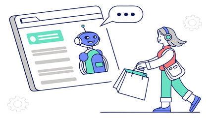 Woman with shopping bags interacting with chatbot on screen