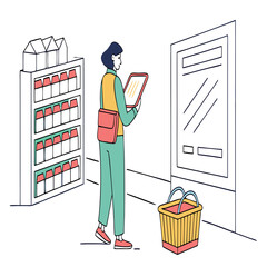 Woman with tablet at grocery store aisle with shelves and shopping basket