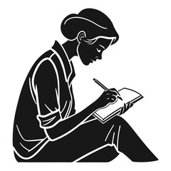 Woman writing in notebook with pen black and white illustration
