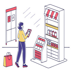 Woman with tablet in store near shelves and shopping bag